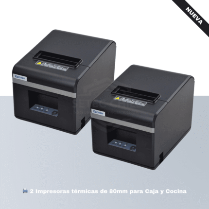 Equipamiento de punto de venta que incluye un computador, monitor, teclado, mouse, escáner de códigos de barras, gaveta de dinero y dos impresoras térmicas.