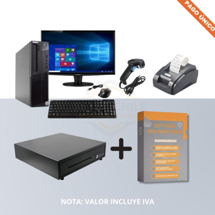 Kit de sistema POS con computador, monitor, teclado, caja registradora, escáner, impresora de recibos y software para punto de venta
