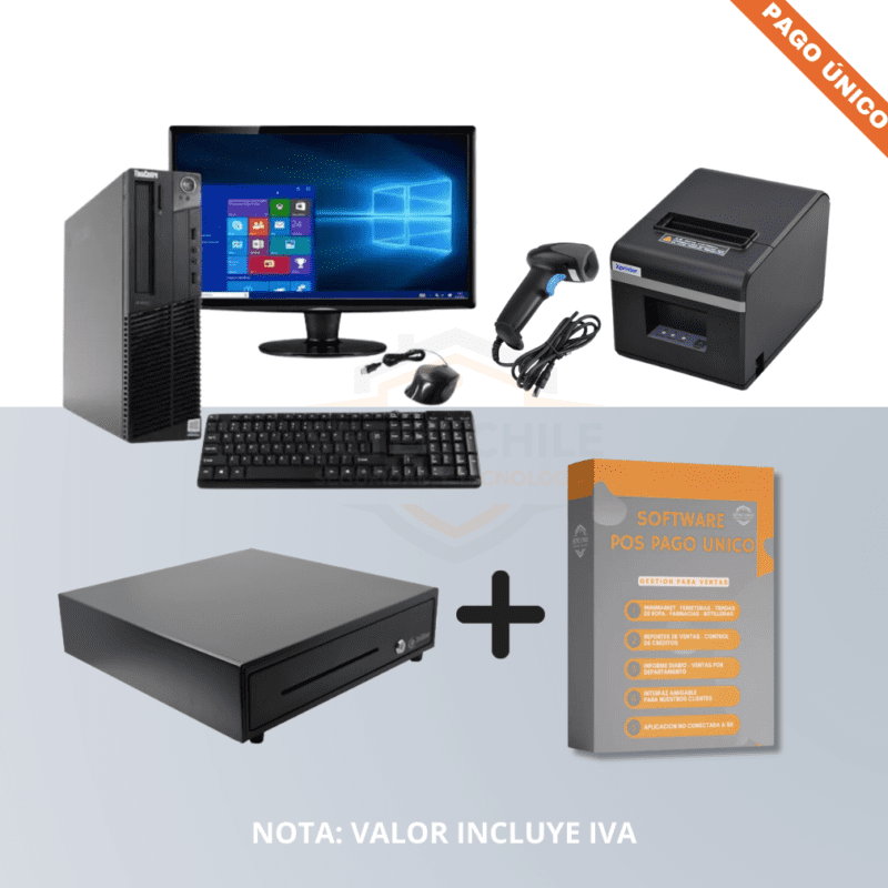 Kit de sistema POS con computador, monitor, teclado, caja registradora, escáner, impresora de recibos y software para punto de venta