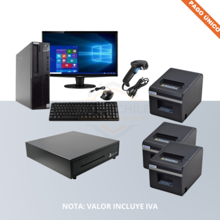 Kit POS con computador, monitor, impresoras, gaveta de dinero, teclado, mouse y lector de código de barras.
